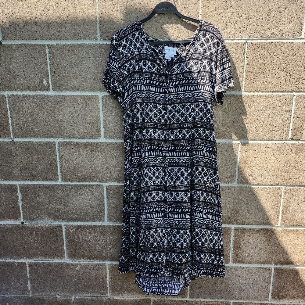 Vintage 90s black and gray tribal print button down midi dress